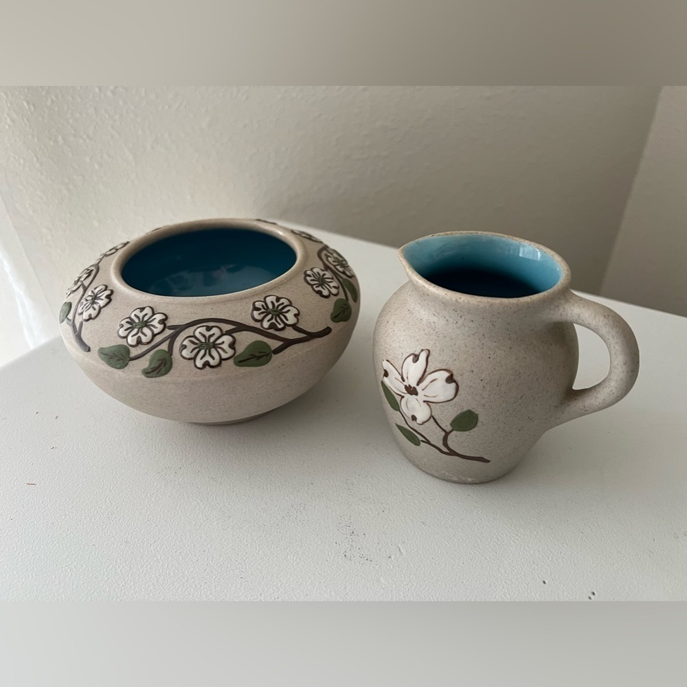 Pigeon Forge TN Pottery 2 Pieces Mini Pitcher and Small Bowl~ Dogwood Aqua.